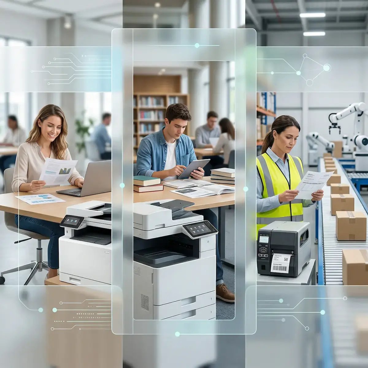 Fachkräfte, die in verschiedenen Umgebungen arbeiten und drucken