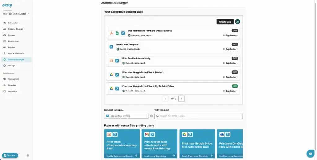 Das neue Automatisierungsmenü im ezeep Admin Portal