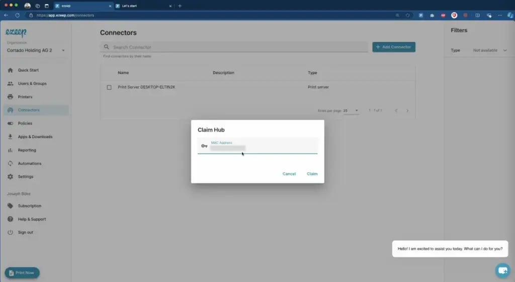 ezeep Hub: Fernverwaltung über die MAC Adresse möglich.