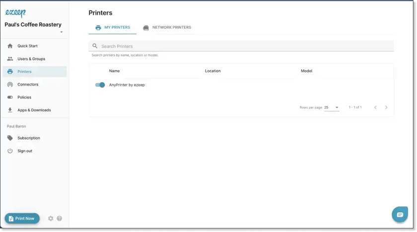 The New Printers Menu
