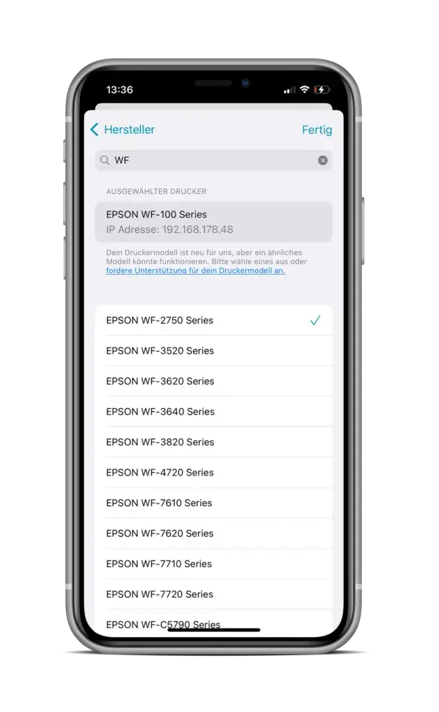 Klicke in der Liste auf einen geeigneten Treiber, um den Drucker zu installieren.