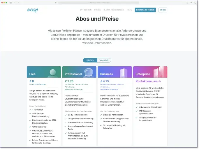 Vier neue Abos für ezeep: Free, Pro, Business & Enterprise