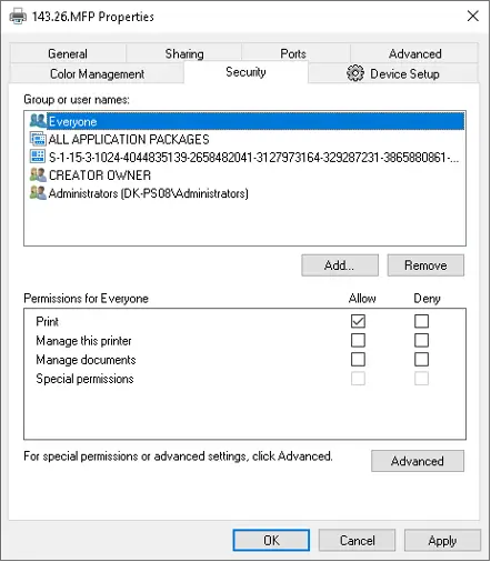 Screenshot displaying printer security permissions.