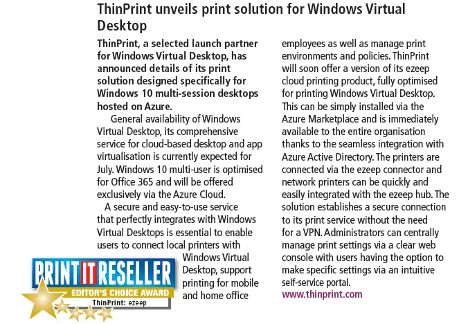 Article snippet mentioning ezeep as a Windows Virtual Desktop printing solution