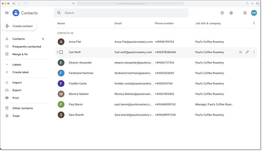 Google contacts can be printed directly from Gmail.