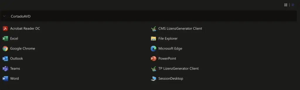 Azure Virtual Desktop web client showing a grid or list view of available apps.