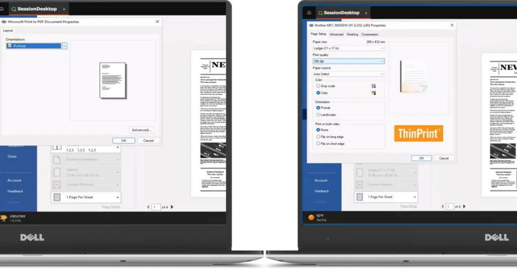 Comparison of default printer redirection and ezeep, showing more features available with ezeep