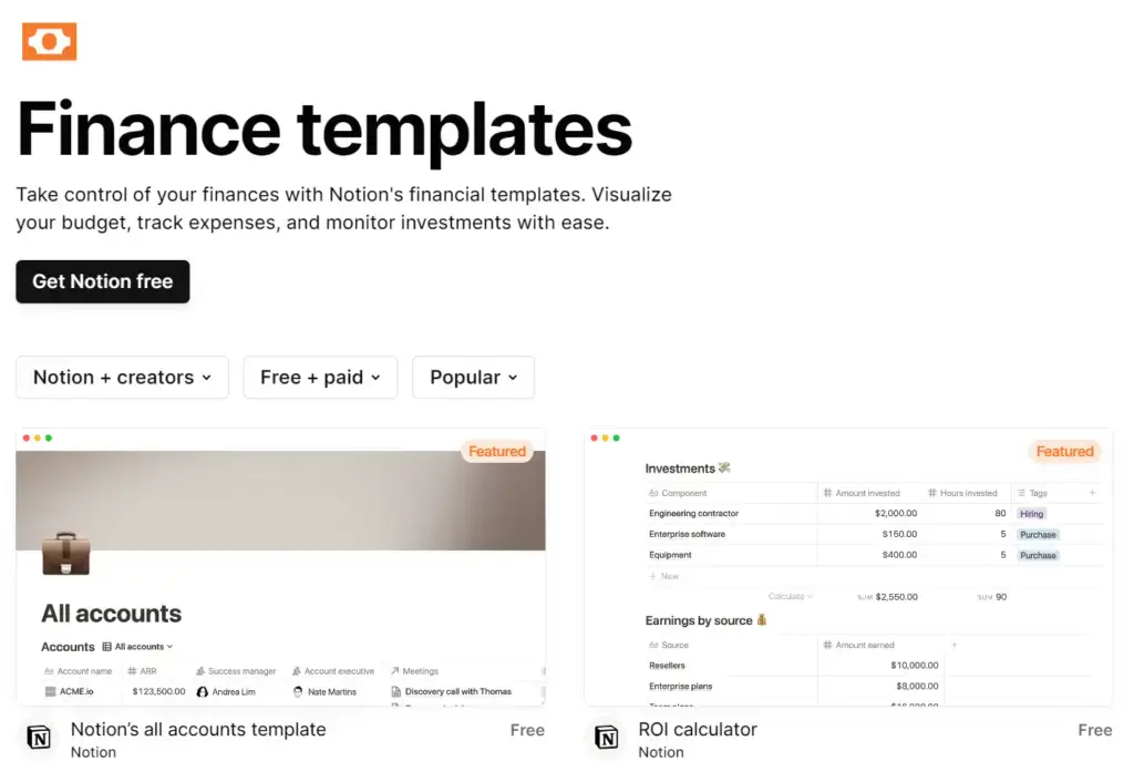 A screenshot of Notion templates for financial planning.