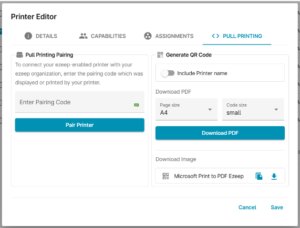 Printer Editor interface of ezeep's platform showing options for Pull Printing Pairing and generating QR codes for printers, with fields to enter pairing codes, select page size, and download PDFs.
