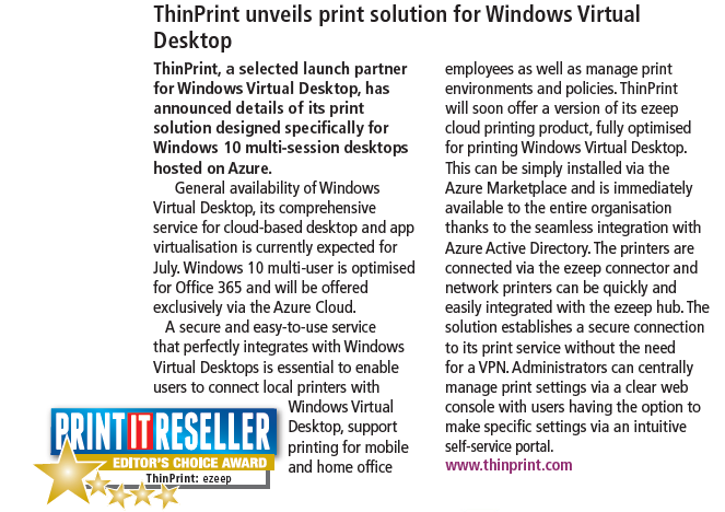 Article about the Windows Virtual Desktop printing solution ezeep