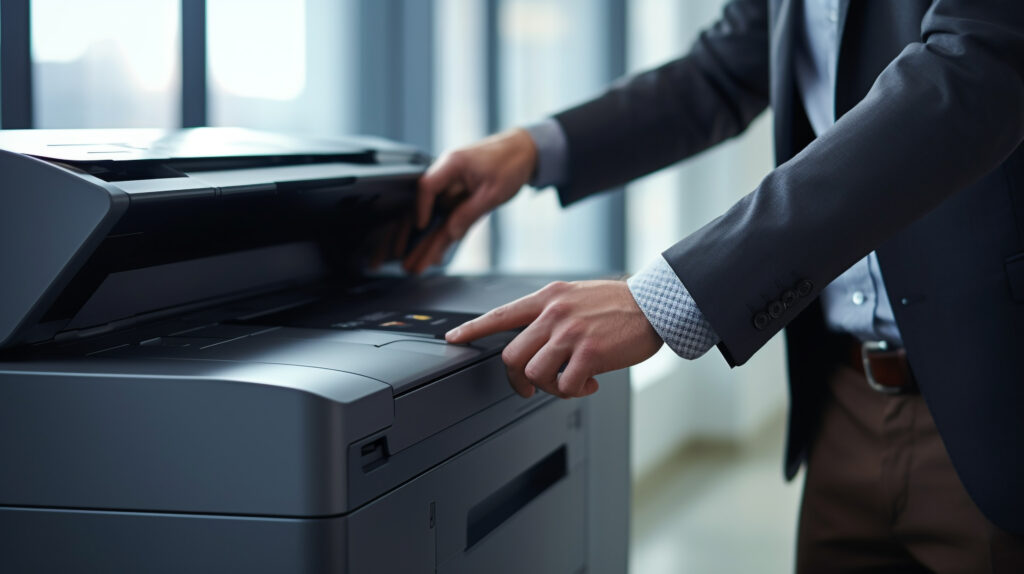 businessman launches laser printer to start work, legal AI