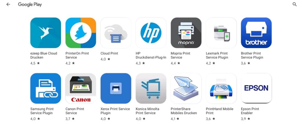 Android Print Service Providers in Google Play