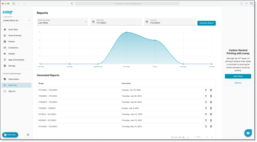 The porting dashboard in ezeep Blue. detailed reports can be downloaded for Business plan users