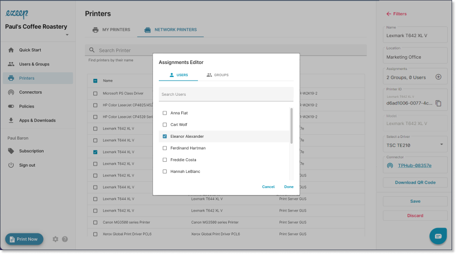 Printer Assignments Editor Users and Groups