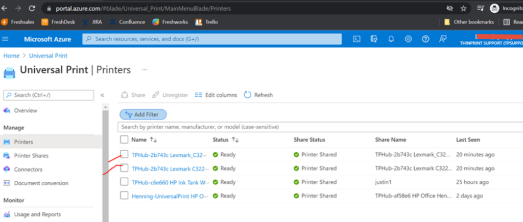 Your printers in the the Universal Print portal.