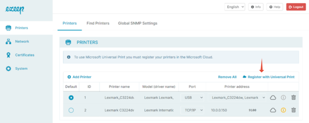 Select Register with Universal Print in the ezeep web console.