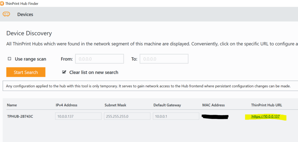 Select your device in the ThinPrint Hub Finder.