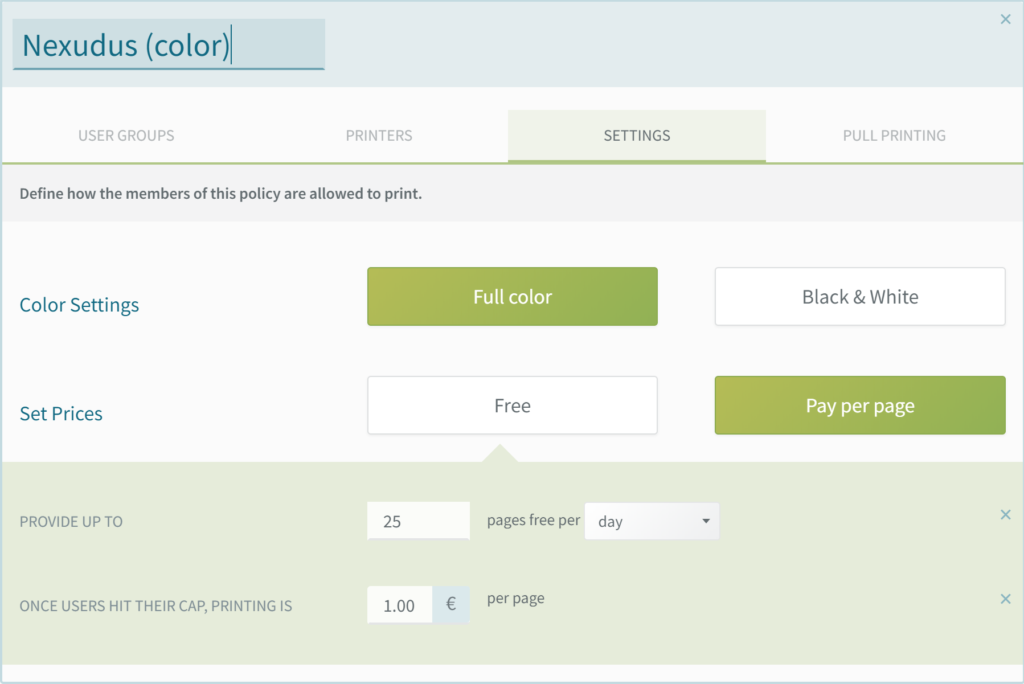 Nexudus printing made easy: Define a policy