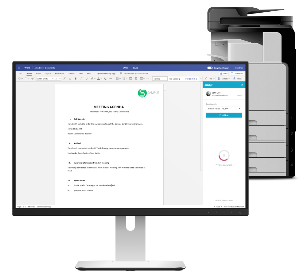 ezeep enhances Office 365 web applications with an easy-to-use print feature