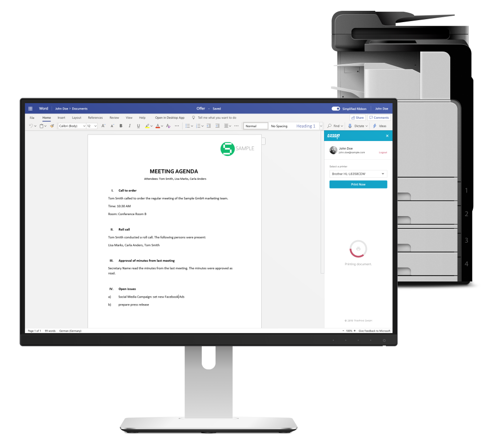 ezeep enhances Office 365 web applications with an easy-to-use print feature