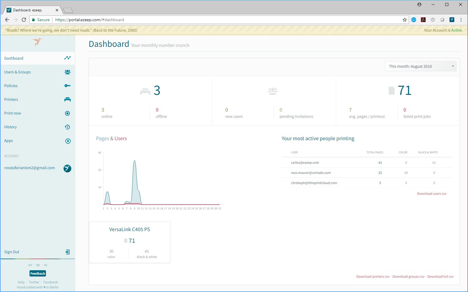 Usage reports in the ezeep Dashboard