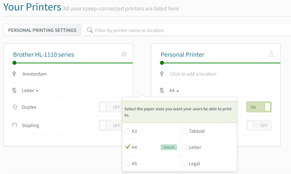 Printing different paper sizes with ezeep