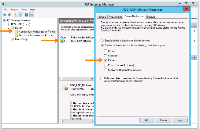 Printer Redirection ausschalten mit dem Remote Desktop Gateway Manager