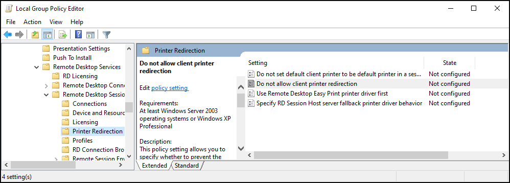 Deactivating Printer Redirection via Group Policy
